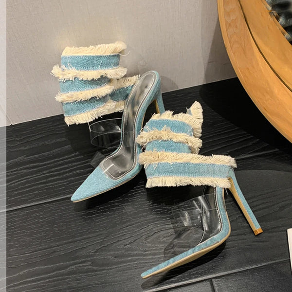 Denim Ankle Snake Surround Strap Heels