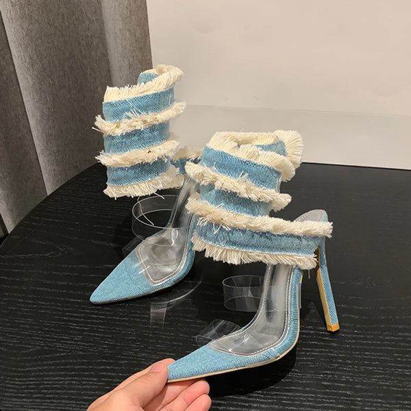 Denim Ankle Snake Surround Strap Heels