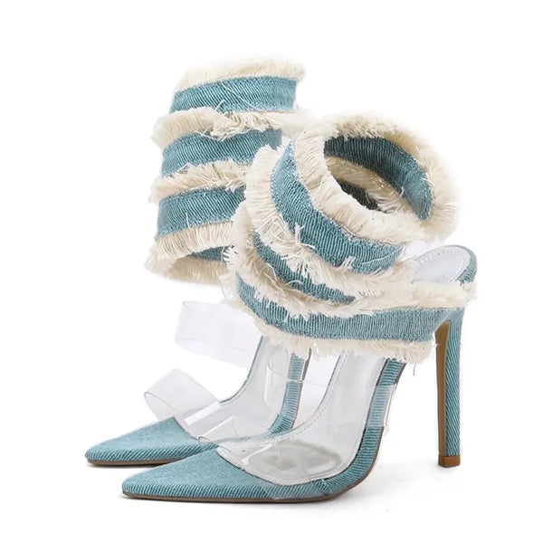 Denim Ankle Snake Surround Strap Heels