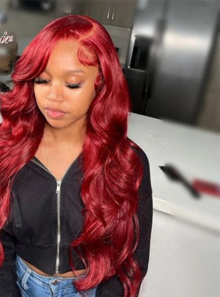 Cherry Red Lace Frontal Human Hair Wig Pre Plucked